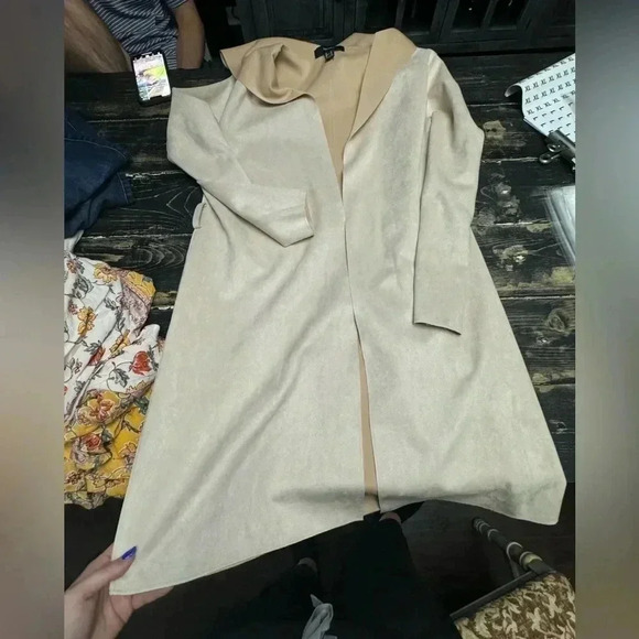 WOMENS SUEDE TAN LONG HOODIE COAT - Picture 1 of 4
